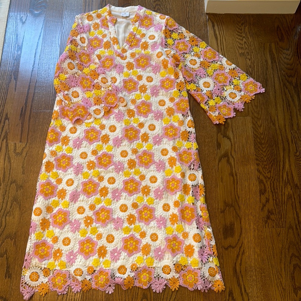 Floral Lace Midi Dress - Pink, Orange, White